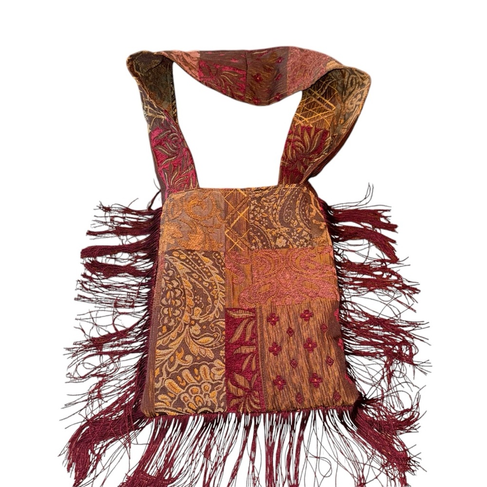 Upcycled Boho Fringe Crossbody Shoulder Bag Cheetah Handmade Sequins Wide Strap - Picture 5 of 8